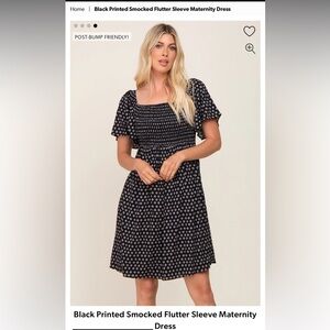 Pinkblush Black Printed Smocked Flutter Sleeve Maternity Dress NWT
